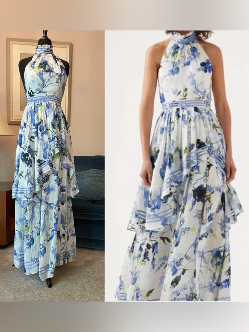Aje Sienna Blue Floral Halter Top Formal Dress Split Front Linen Silk Blend